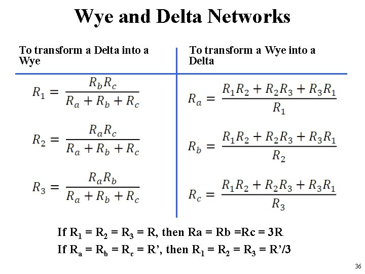 Wye and Delta Networks To transform a Delta into a Wye To transform a