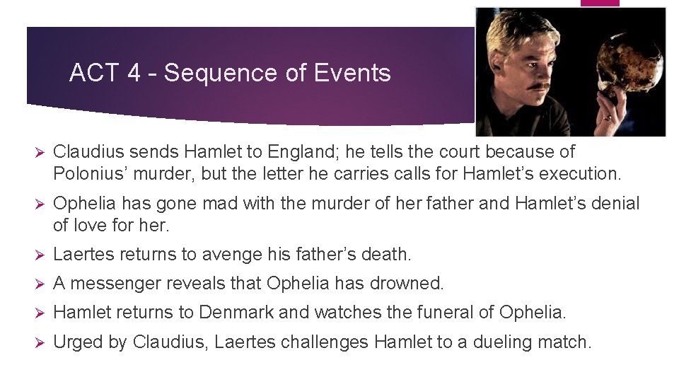 ACT 4 – Sequence of Events Ø Claudius sends Hamlet to England; he tells