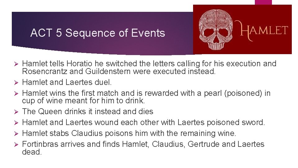 ACT 5 Sequence of Events Ø Ø Ø Ø Hamlet tells Horatio he switched