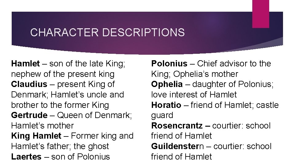 CHARACTER DESCRIPTIONS Hamlet – son of the late King; nephew of the present king