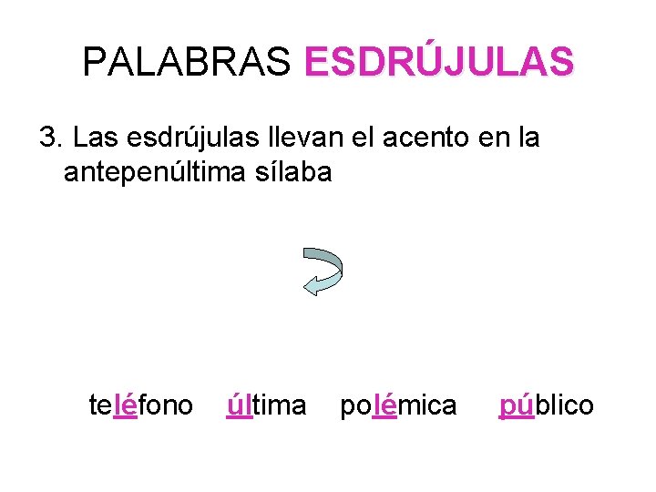 PALABRAS ESDRÚJULAS 3. Las esdrújulas llevan el acento en la antepenúltima sílaba teléfono última