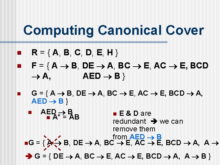 Computing Canonical Cover n R = { A, B, C, D, E, H }