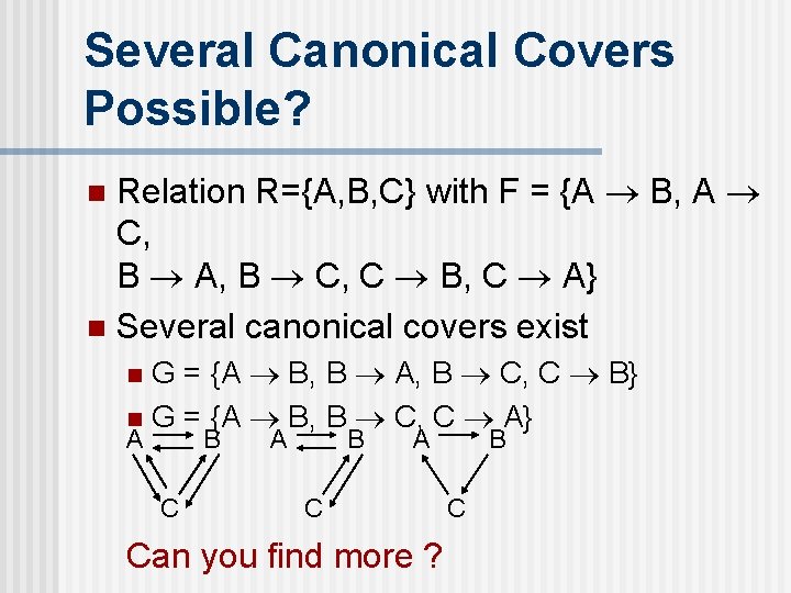 Several Canonical Covers Possible? Relation R={A, B, C} with F = {A B, A