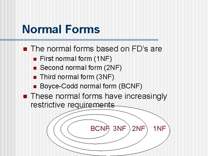 Normal Forms n The normal forms based on FD’s are n n n First