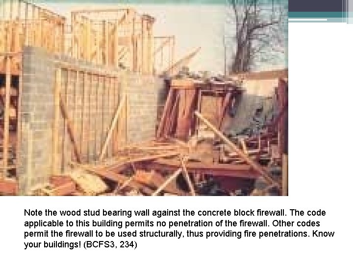 Note the wood stud bearing wall against the concrete block firewall. The code applicable