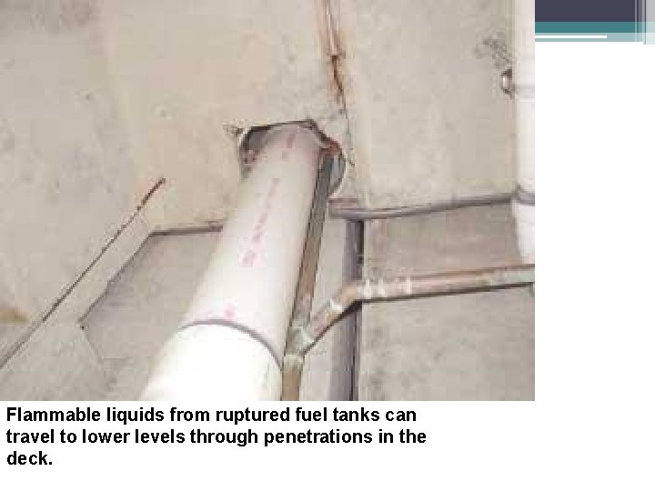 Flammable liquids from ruptured fuel tanks can travel to lower levels through penetrations in