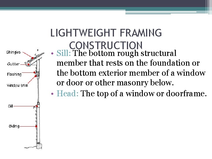 LIGHTWEIGHT FRAMING CONSTRUCTION • Sill: The bottom rough structural member that rests on the