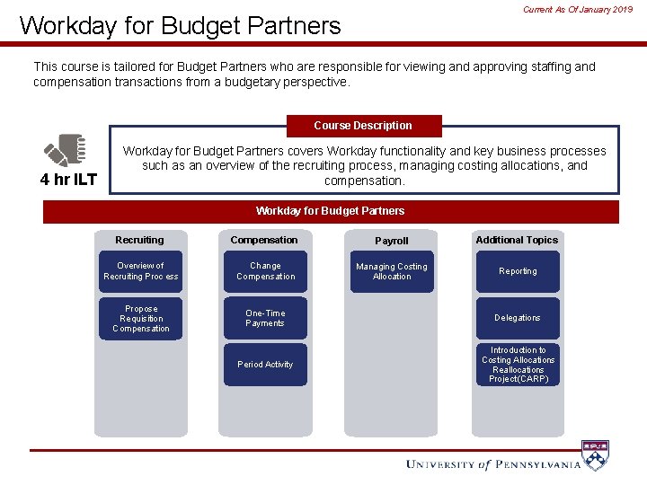 Current As Of January 2019 Workday for Budget Partners This course is tailored for