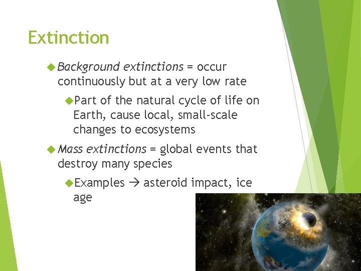 Extinction Background extinctions = occur continuously but at a very low rate Part of