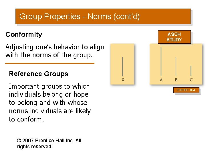 Group Properties - Norms (cont’d) Conformity Adjusting one’s behavior to align with the norms