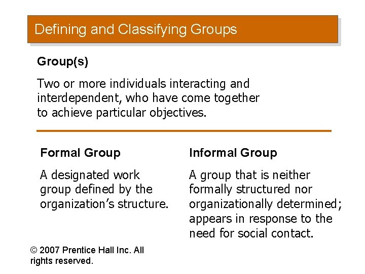 Defining and Classifying Groups Group(s) Two or more individuals interacting and interdependent, who have
