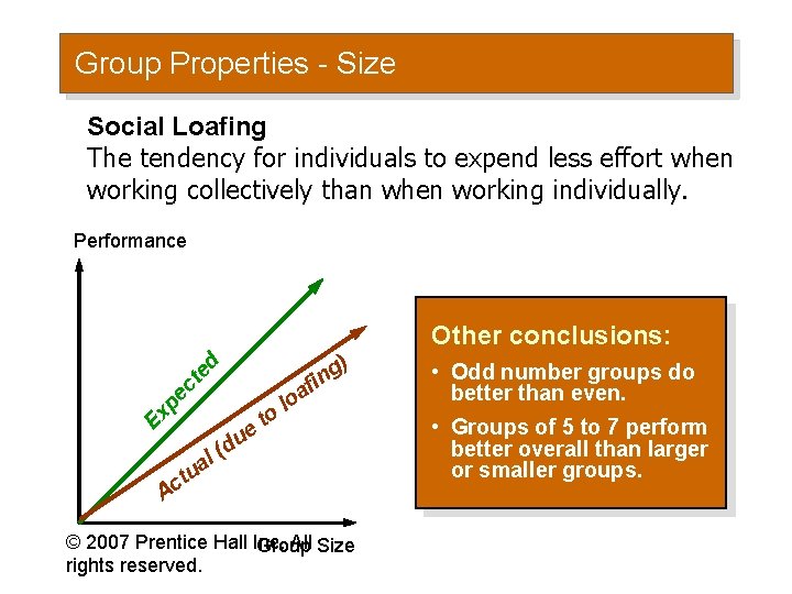 Group Properties - Size Social Loafing The tendency for individuals to expend less effort