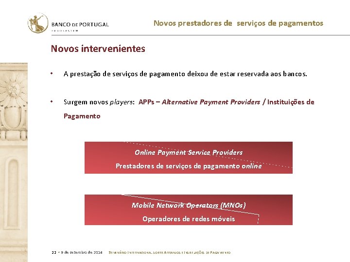 Novos prestadores de serviços de pagamentos Novos intervenientes • A prestação de serviços de