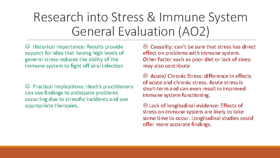 Research into Stress & Immune System General Evaluation (AO 2) Historical Importance: Results provide