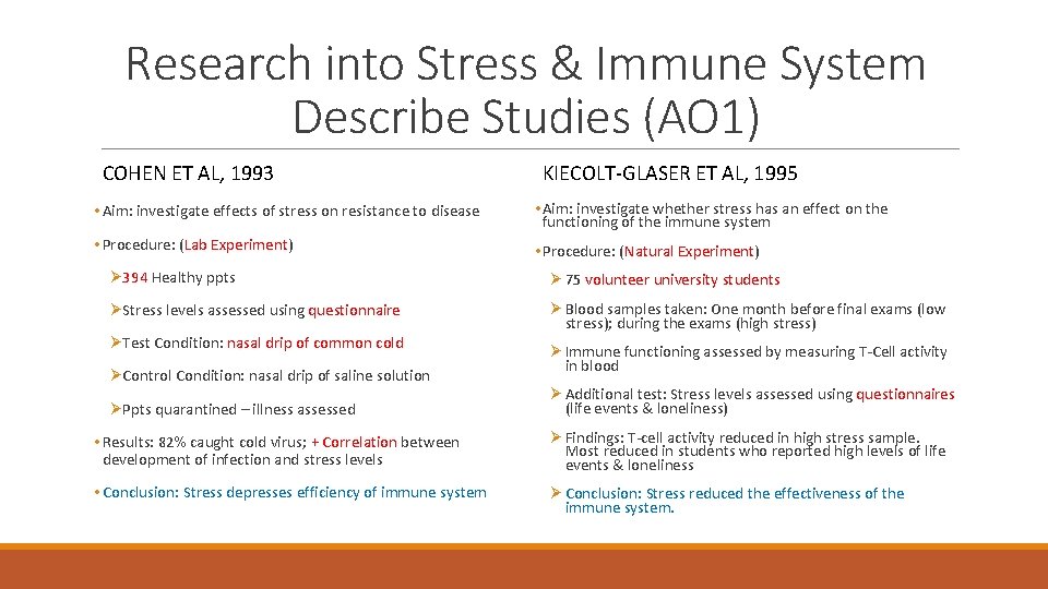 Research into Stress & Immune System Describe Studies (AO 1) COHEN ET AL, 1993