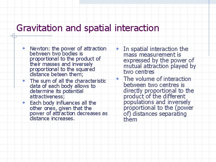 Gravitation and spatial interaction w Newton: the power of attraction between two bodies is