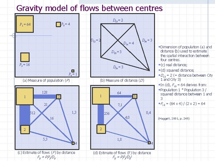 Gravity model of flows between centres D 13 = 2 P 3 = 4