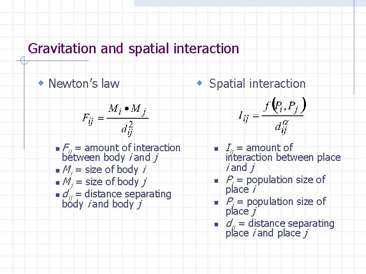 Gravitation and spatial interaction w Newton’s law Fij = amount of interaction between body