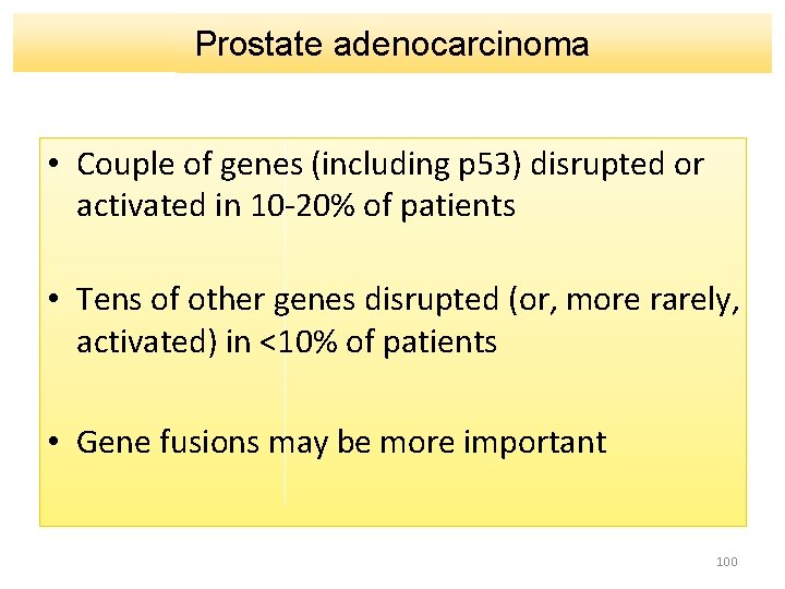 Prostate adenocarcinoma • Couple of genes (including p 53) disrupted or activated in 10