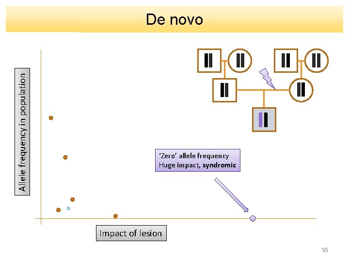 Allele frequency in population De novo ‘Zero’ allele frequency Huge impact, syndromic Impact of