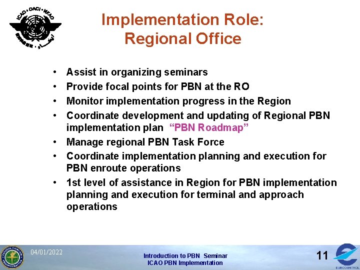 Implementation Role: Regional Office • • Assist in organizing seminars Provide focal points for