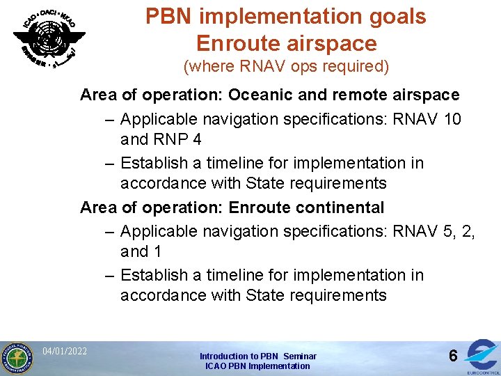 PBN implementation goals Enroute airspace (where RNAV ops required) Area of operation: Oceanic and