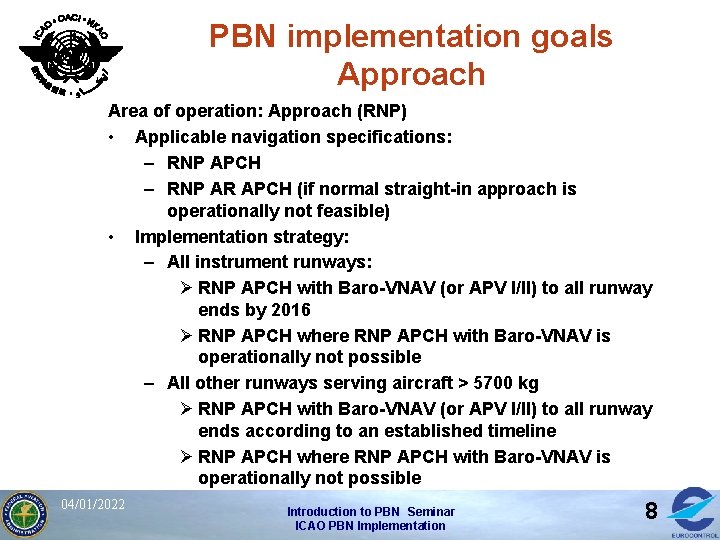 PBN implementation goals Approach Area of operation: Approach (RNP) • Applicable navigation specifications: –