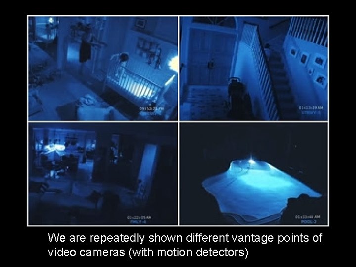 We are repeatedly shown different vantage points of video cameras (with motion detectors) 