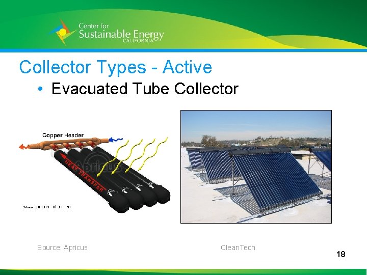 Collector Types - Active • Evacuated Tube Collector Source: Apricus 18 Clean. Tech 18