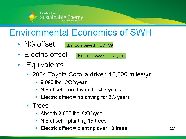 Environmental Economics of SWH • NG offset – Lbs. CO 2 Saved 38, 089