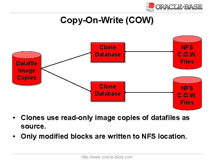 Copy-On-Write (COW) Clone Database NFS C. O. W. Files Datafile Image Copies • Clones