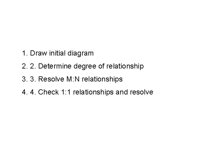 1. Draw initial diagram 2. 2. Determine degree of relationship 3. 3. Resolve M: 1. Draw initial diagram 2. 2. Determine degree of relationship 3. 3. Resolve M: