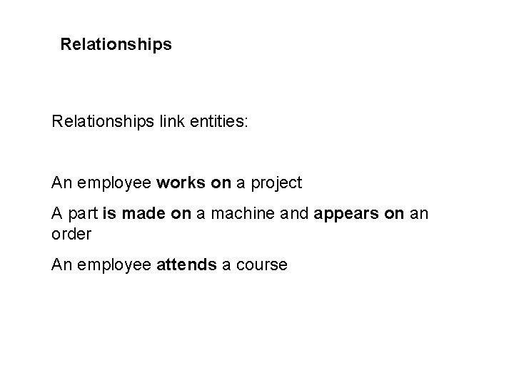 Relationships link entities: An employee works on a project A part is made on Relationships link entities: An employee works on a project A part is made on
