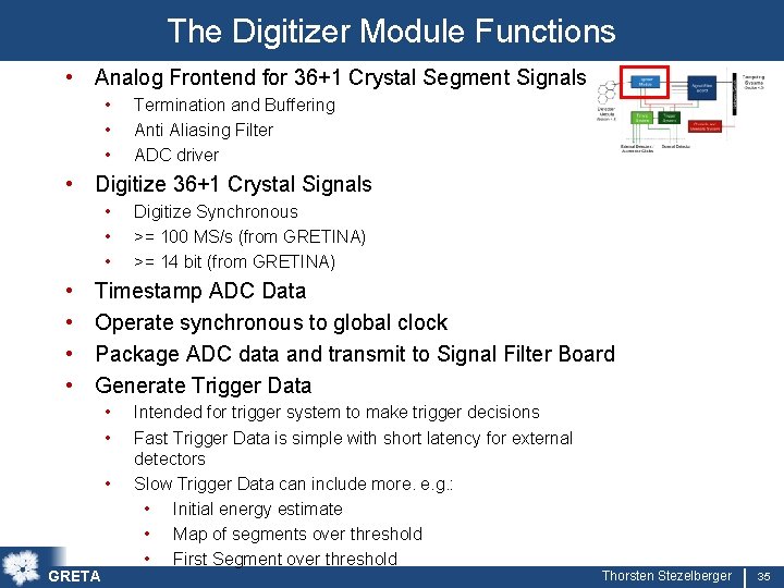 The Digitizer Module Functions • Analog Frontend for 36+1 Crystal Segment Signals • •