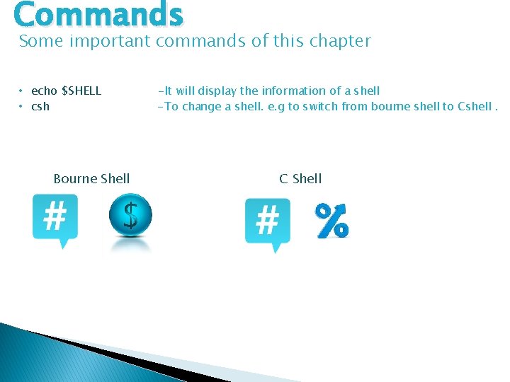 Commands Some important commands of this chapter • echo $SHELL • csh Bourne Shell