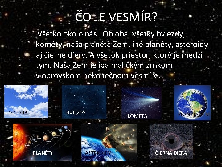 ČO JE VESMÍR? Všetko okolo nás. Obloha, všetky hviezdy, kométy, naša planéta Zem, iné