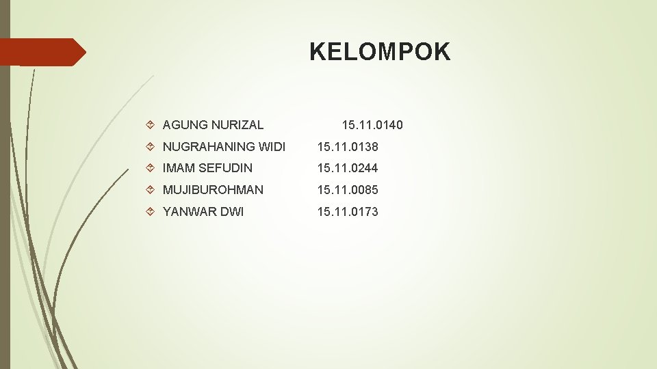 KELOMPOK AGUNG NURIZAL 15. 11. 0140 NUGRAHANING WIDI 15. 11. 0138 IMAM SEFUDIN 15.