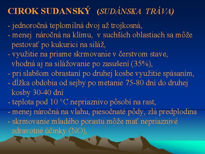 CIROK SUDANSKÝ (SUDÁNSKA TRÁVA) - jednoročná teplomilná dvoj až trojkosná, - menej náročná na