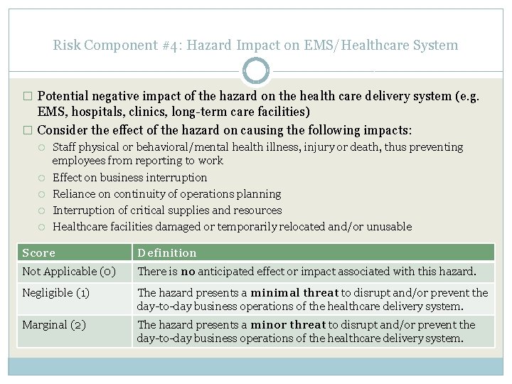 Risk Component #4: Hazard Impact on EMS/Healthcare System � Potential negative impact of the