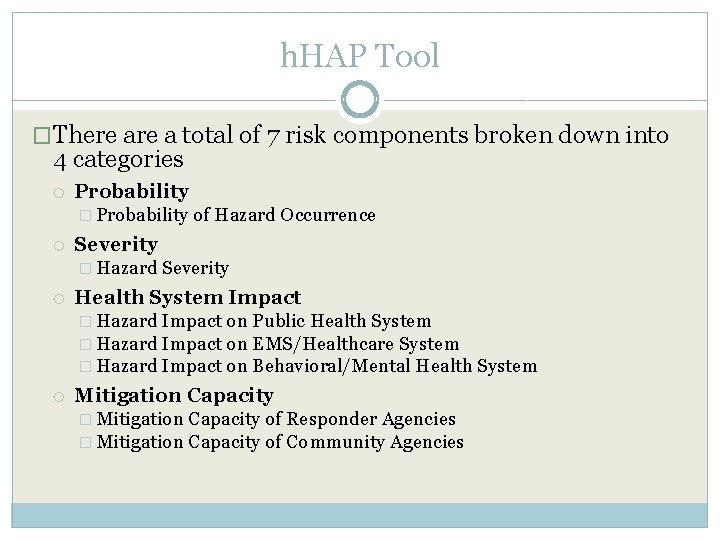 h. HAP Tool �There a total of 7 risk components broken down into 4