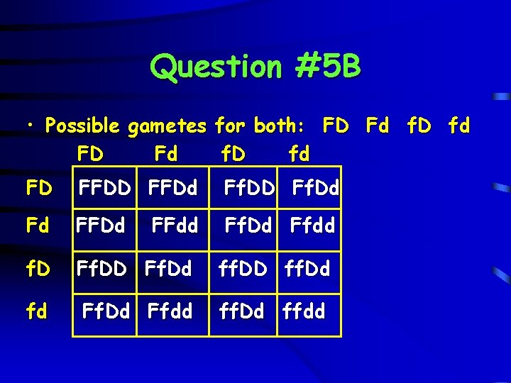 Question #5 B • Possible gametes for both: FD Fd f. D fd FD