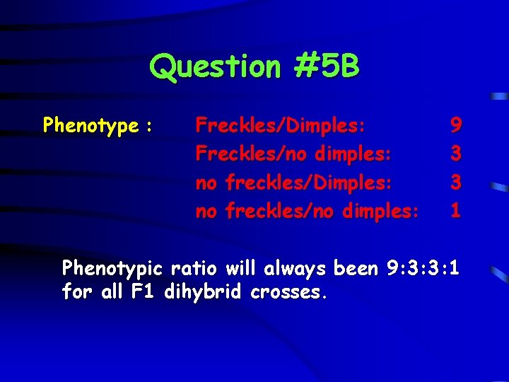 Question #5 B Phenotype : Freckles/Dimples: Freckles/no dimples: no freckles/Dimples: no freckles/no dimples: 9