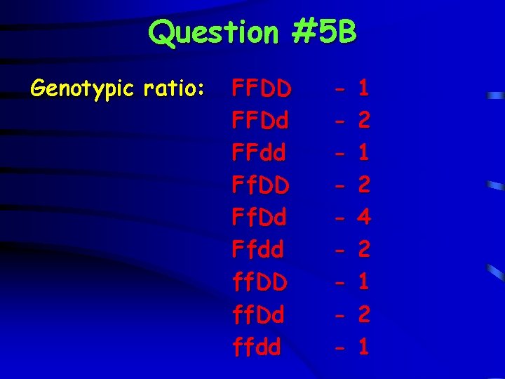 Question #5 B Genotypic ratio: FFDD FFDd FFdd Ff. DD Ff. Dd Ffdd ff.