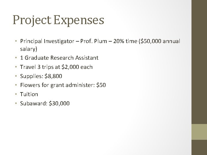 Project Expenses • Principal Investigator – Prof. Plum – 20% time ($50, 000 annual