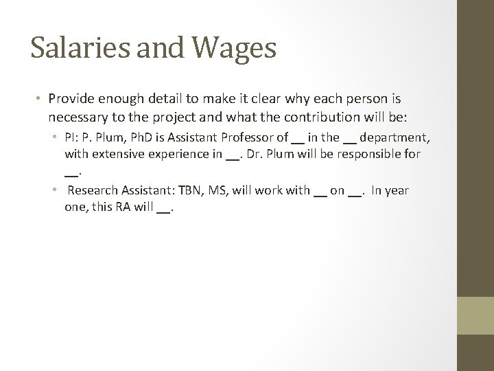 Salaries and Wages • Provide enough detail to make it clear why each person