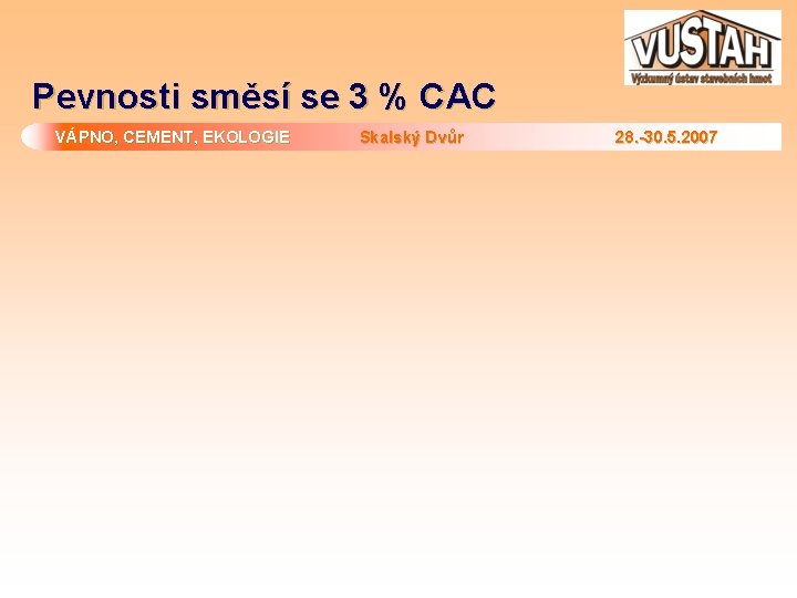 Pevnosti směsí se 3 % CAC VÁPNO, CEMENT, EKOLOGIE Skalský Dvůr 28. -30. 5.