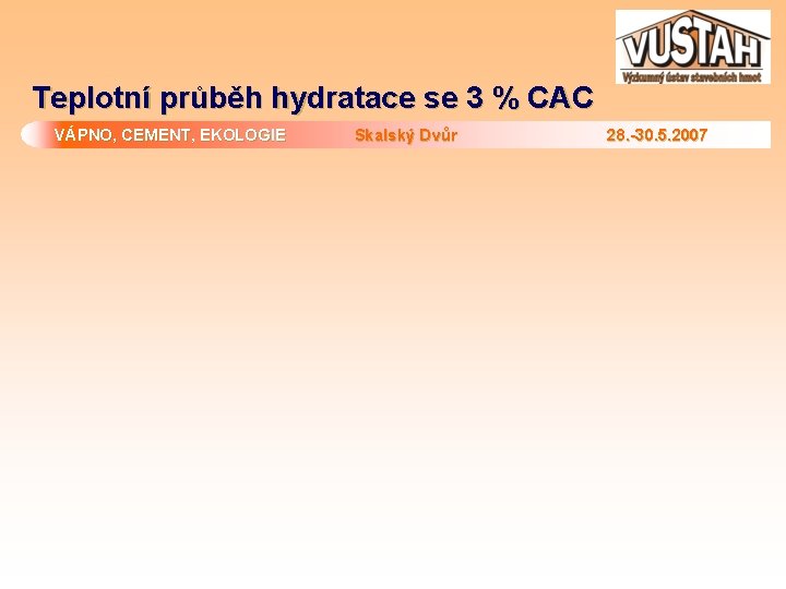 Teplotní průběh hydratace se 3 % CAC VÁPNO, CEMENT, EKOLOGIE Skalský Dvůr 28. -30.