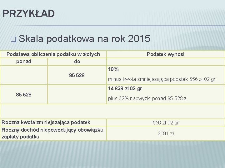 PRZYKŁAD q Skala podatkowa na rok 2015 Podstawa obliczenia podatku w złotych ponad do