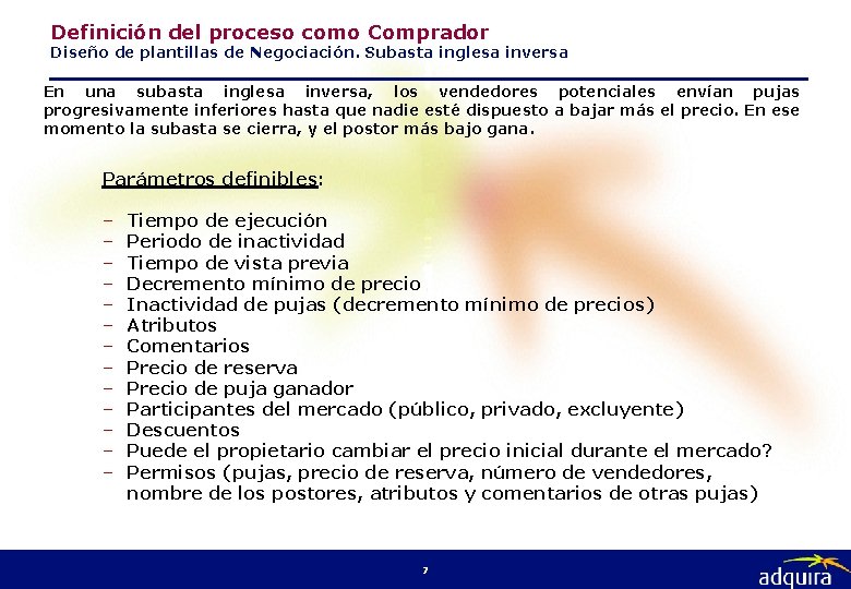 Definición del proceso como Comprador Diseño de plantillas de Negociación. Subasta inglesa inversa En