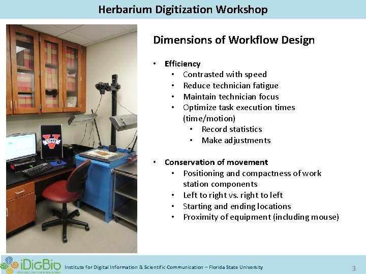 Herbarium Digitization Workshop Dimensions of Workflow Design • Efficiency • Contrasted with speed •